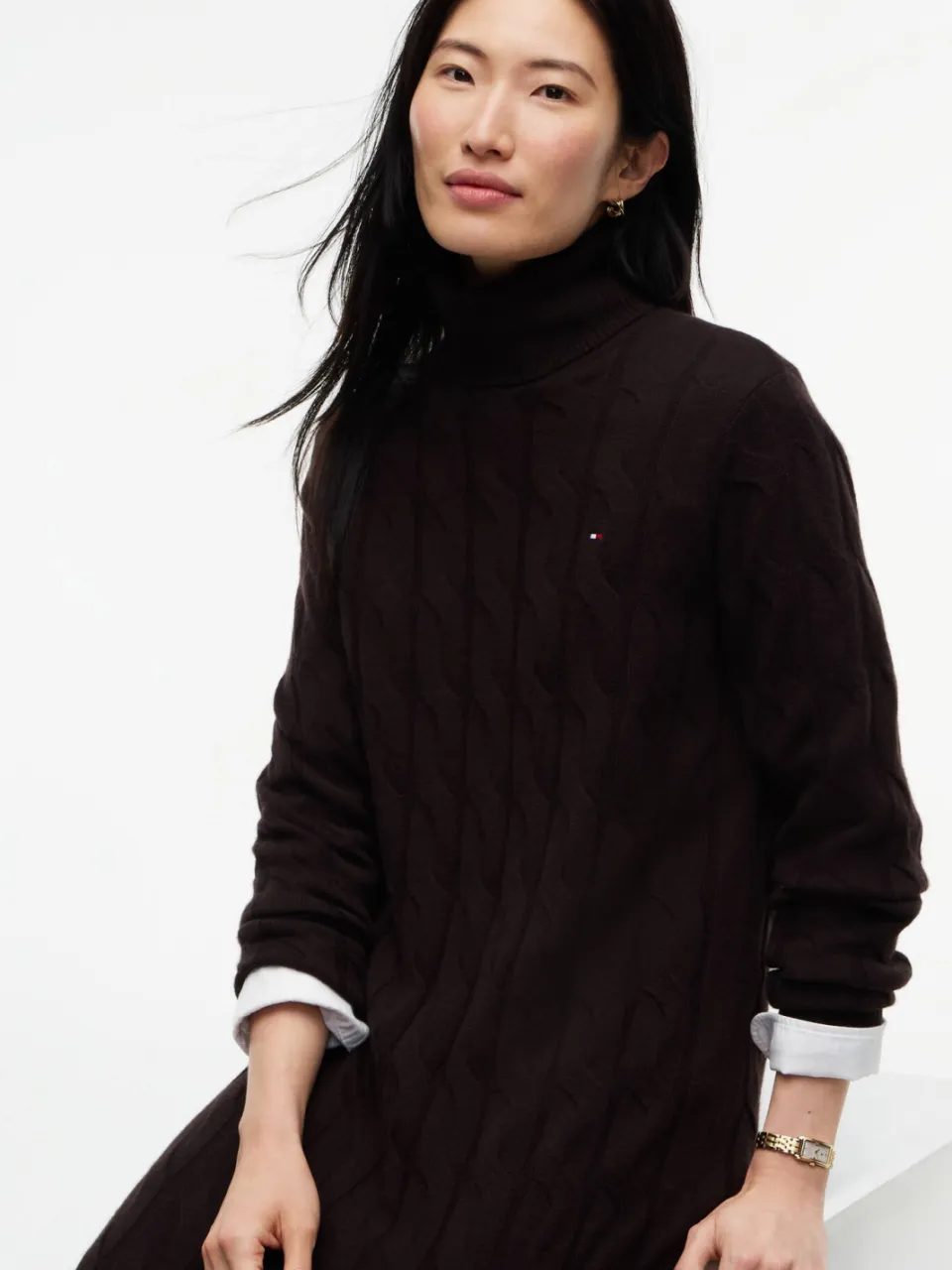Tommy Hilfiger wollen gebreide midi jurk met kabels - donkerbruin, foto 4