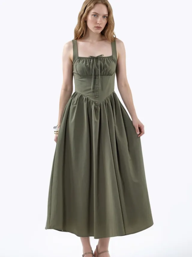Busem Midi-jurk met vierkante kraag en knoopdetails Olijfgroen
