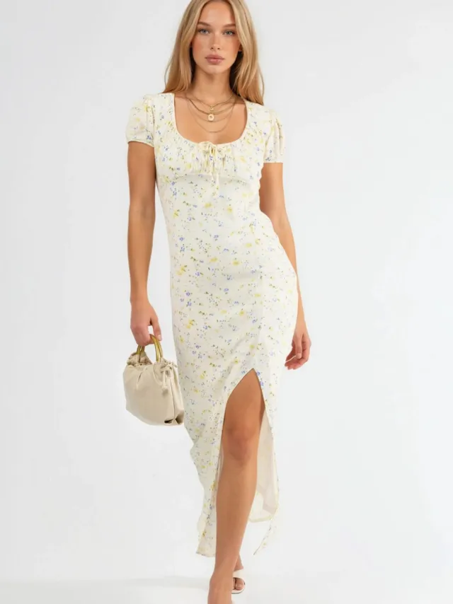 Busem Bloemige U-hals Midi-jurk met Strikdetail Wit