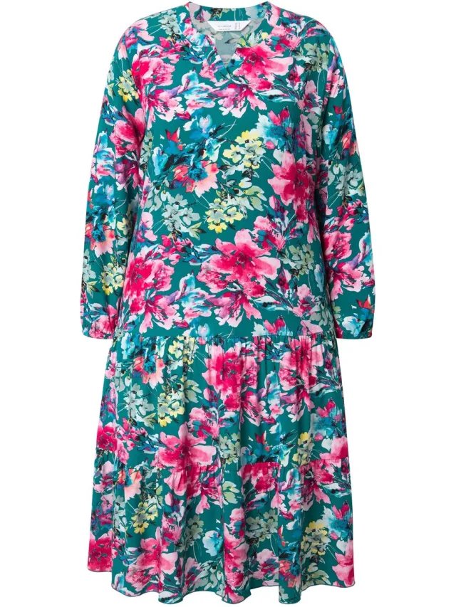 MIAMODA Dames - midi-jurk bloemenpatrooen dubbele zoomvolant - Amazonesteen