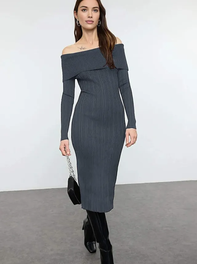 Trendyol TRENDYOLMİLLA Dames Grijs Effen Midi Lang Avond / Dagelijks Bodycon Jurken