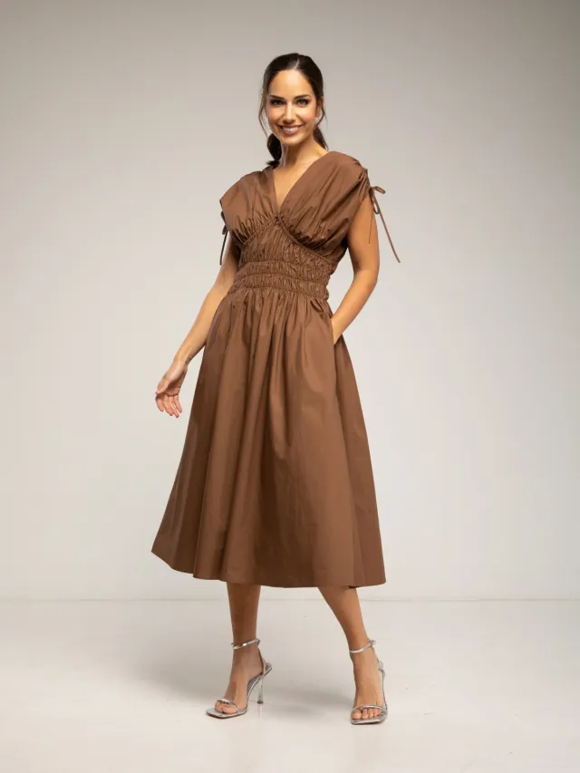 Tantra Midi-jurk met elastische taille en borst, rimpelmouwen en zakken Bruin