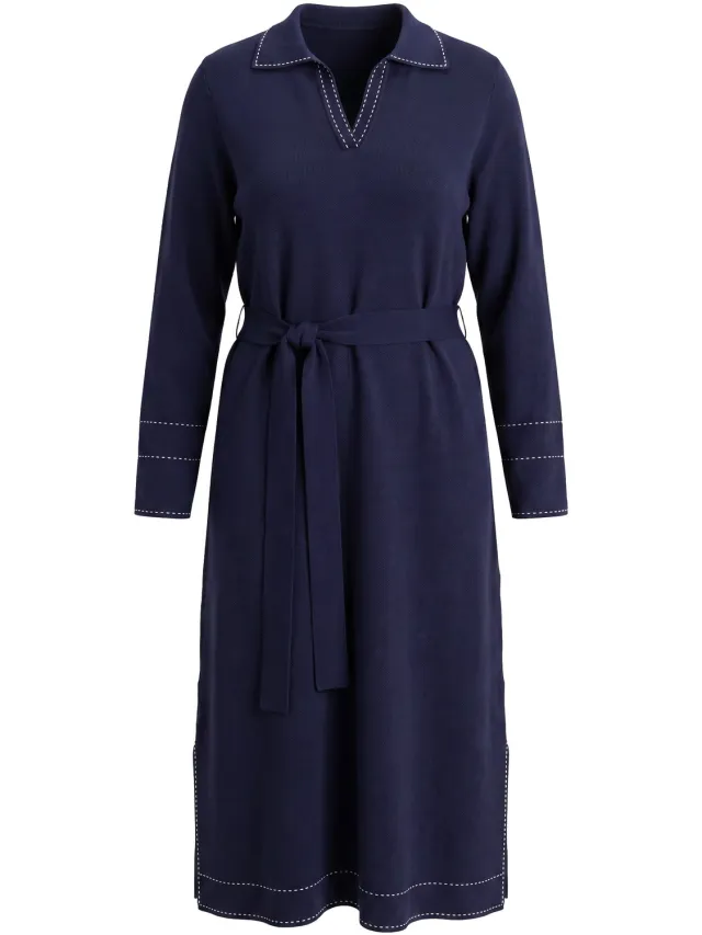Ulla Popken Dames - Gebreide maxi-jurk overhemdkraag V-hals lange mouwen - Marine - Maat 46+