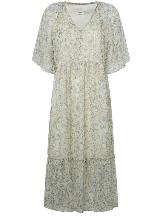 Pepe Jeans May Midi-jurk Met Korte Mouwen Grijs XS Vrouw Ecru White