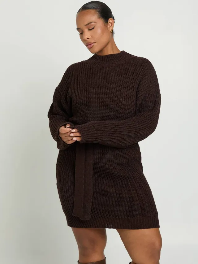 boohoo Dames Plus Gebreide Mini Jurk Met Strikceintuur Chocoladebruin