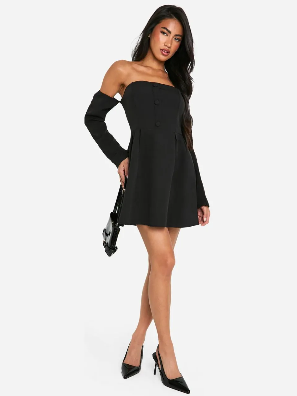 boohoo Dames A-lijn Bardot mini-jurk met lange mouwen zwart, foto 3