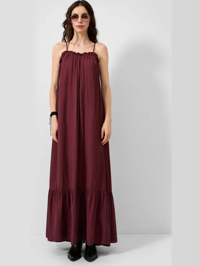 QS viscose maxi zomerjurk met ruches - aubergine
