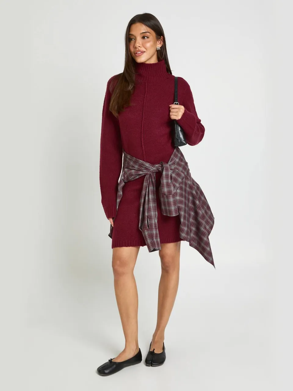 boohoo Dames Gebreide Mini-trui Jurk Met Hoge Hals En Naaddetail bordeaux rood, foto 2