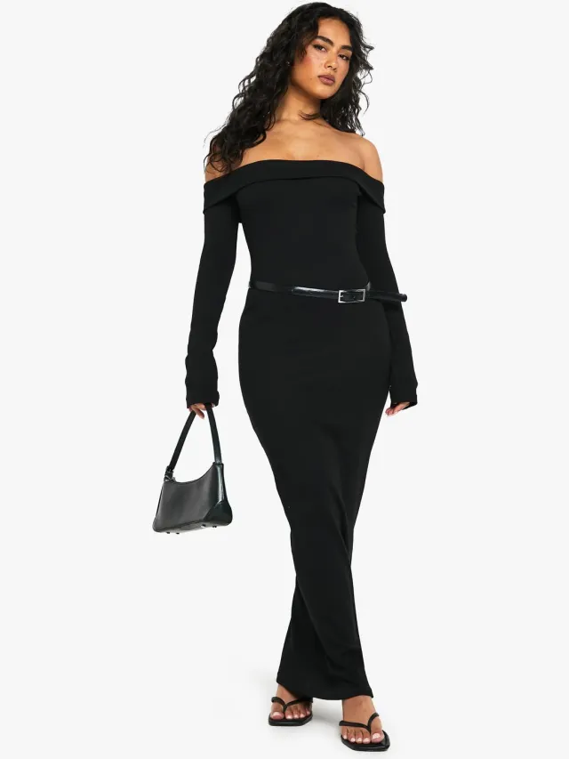 boohoo Dames Basic Rib Bardot Maxi Zwart