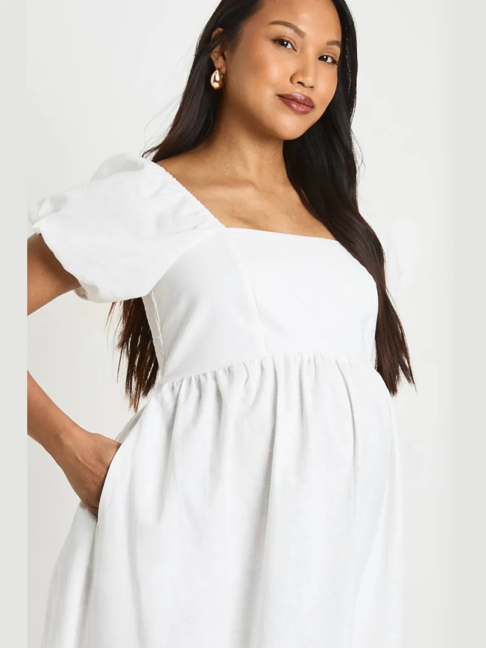 boohoo Dames Zwangerschaps Linnen Pofmouw Gesmockte Maxi Jurk natural, foto 4