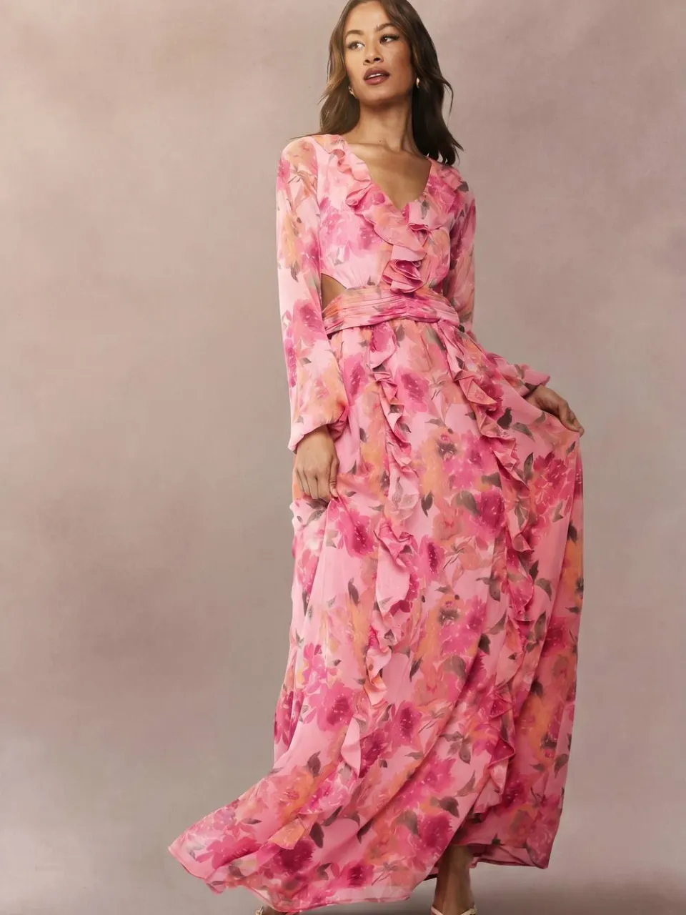 boohoo Dames Lange florale chiffon maxi-jurk met volumineuze mouwen roze, foto 3
