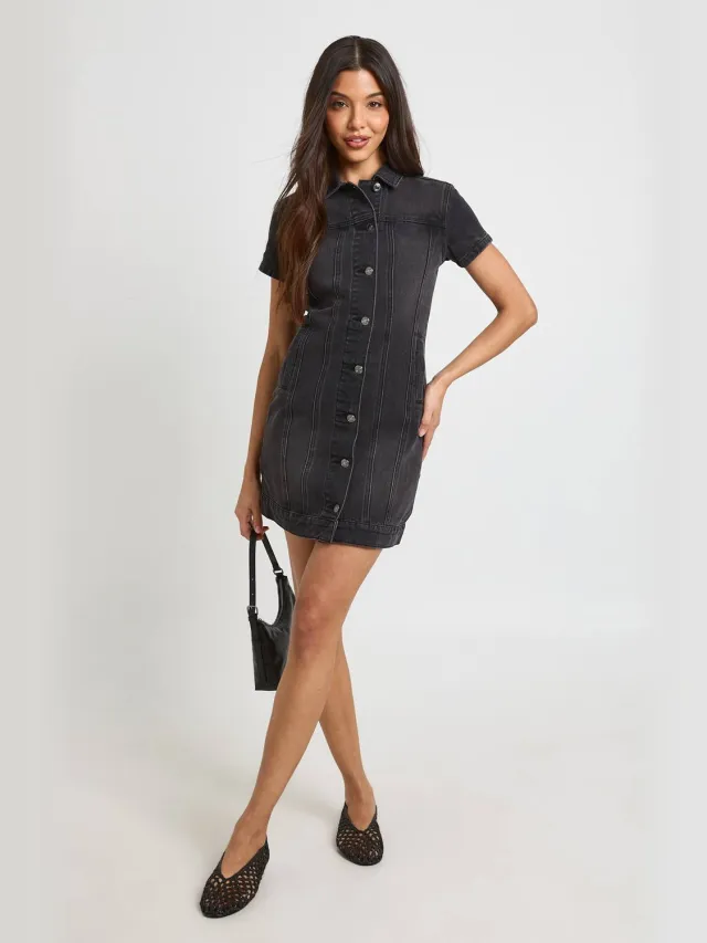 boohoo Dames Western Denim Korte Mouwen Mini Jurk Washed Black