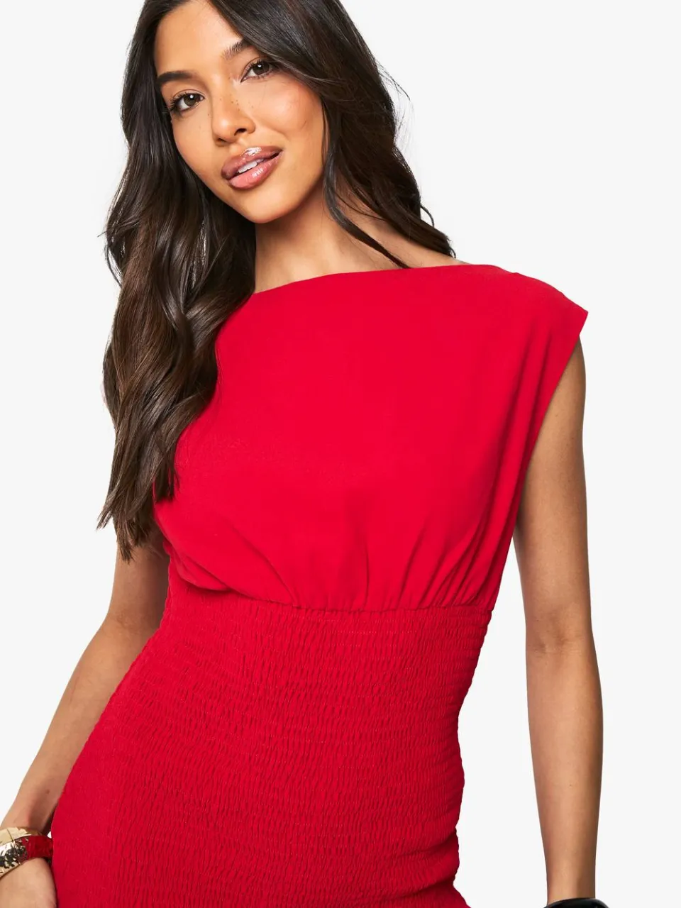 boohoo Dames Mini Jurk met Gerimpelde Taille en Ruches Zoom rood, foto 3