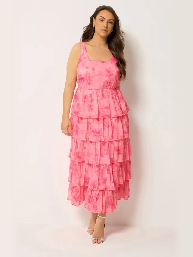 Yours Roze Jurk Met Bloemenprint En Ruche Pink