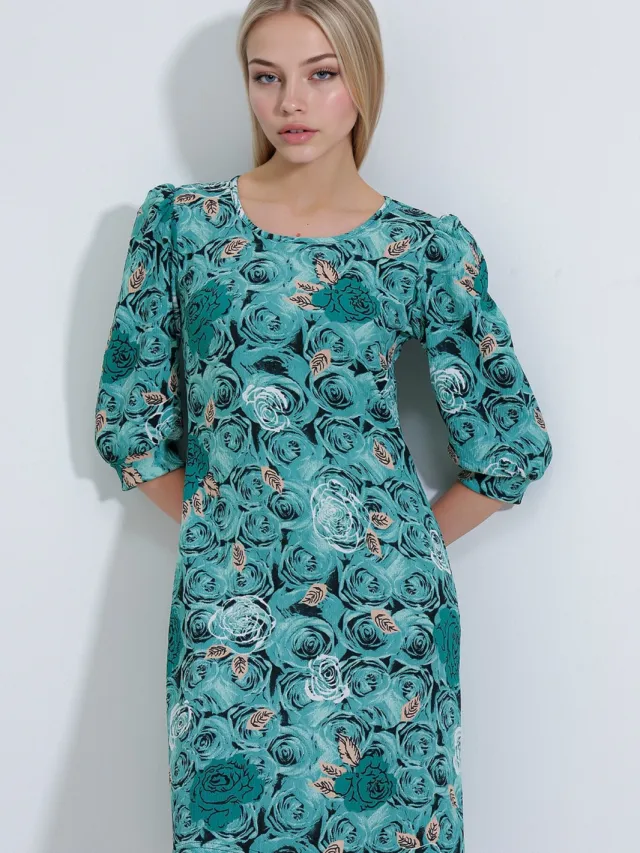 Big Dart Geborduurde Bloemen Midi Jurk met Driekwart Mouwen Pastelblauw