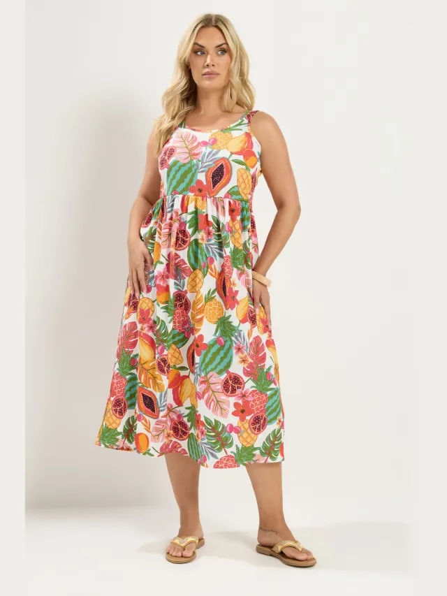 Yours Witte Gesmokte Jurk Met Fruitprint White