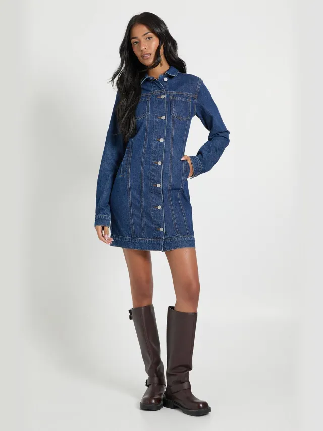 boohoo Dames Hoge Westerse Denim Minijurk Indigo