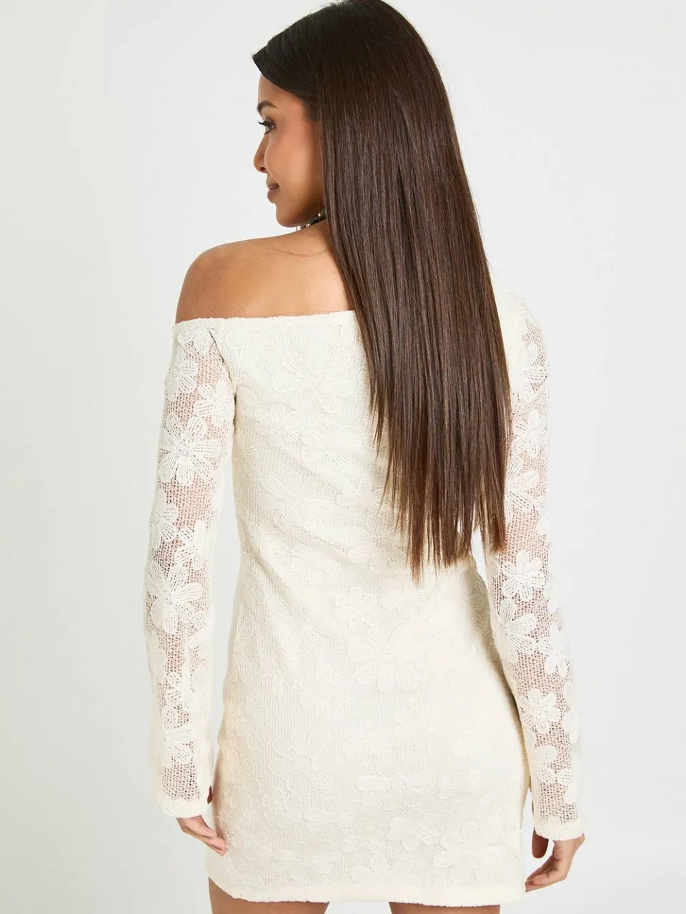 boohoo Dames Premium Kanten Off-shoulder Mini Jurk Met Haakwerk crème, foto 2