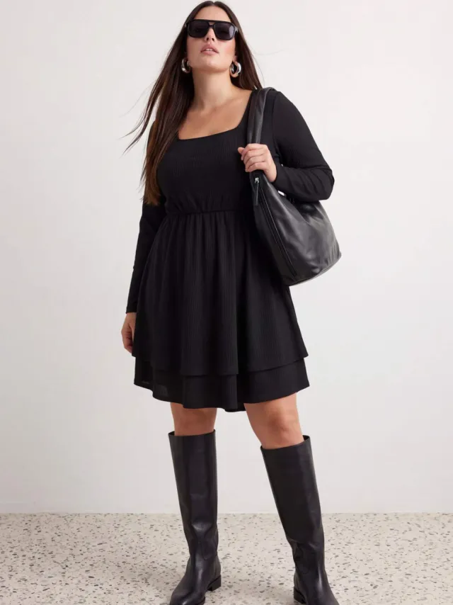 Trendyol Curve Dames Zwart Effen Kort / Mini Lang Casual Skater Grote maten Jurk, foto 2
