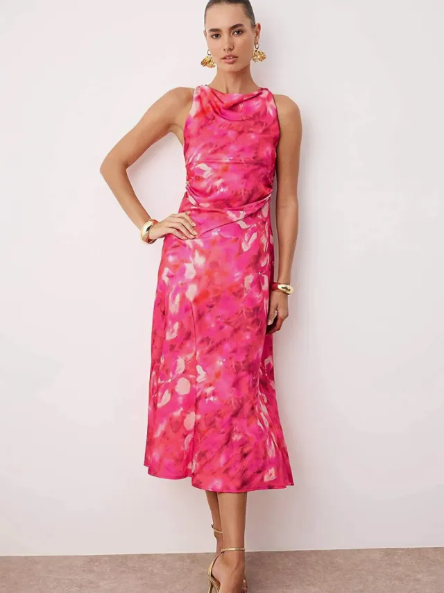 Trendyol TRENDYOLMİLLA Dames Roze Bloemen Midi Mouwloos Stijlvol/Avond Recht Jurken