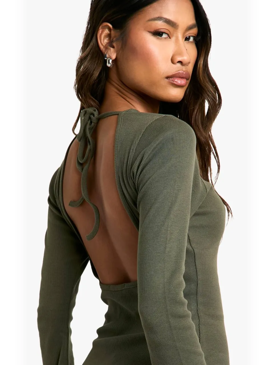 boohoo Dames Geribde Tie Back Shift Jurk donkere olijf, foto 3