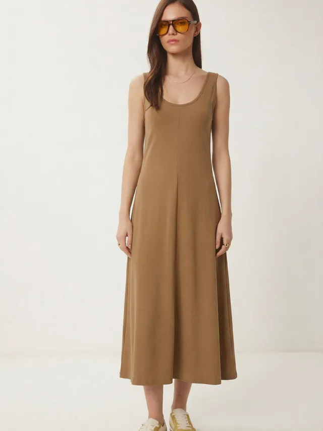 Happiness Istanbul U-Kraag Midi Jurk Naturel