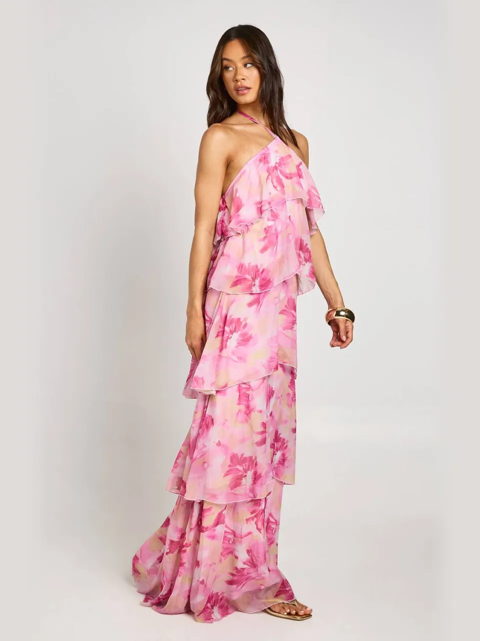 boohoo Dames Lange Chiffon Gebloemde Gelaagde Halternek Maxi Jurk roze, foto 3