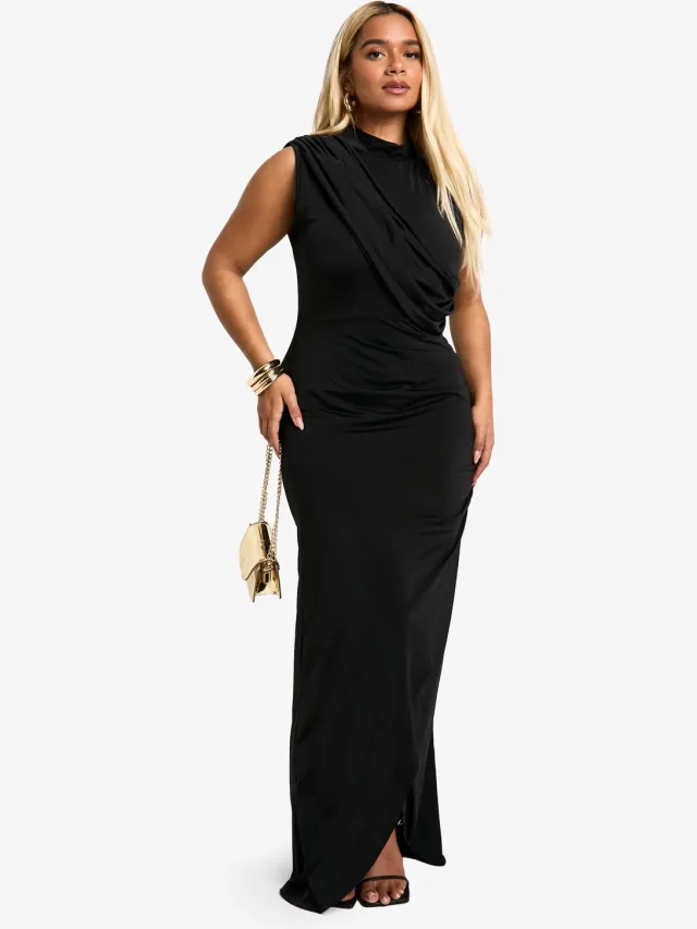 boohoo Dames Plus Slinky Wrap Detail Maxi-jurk Zwart