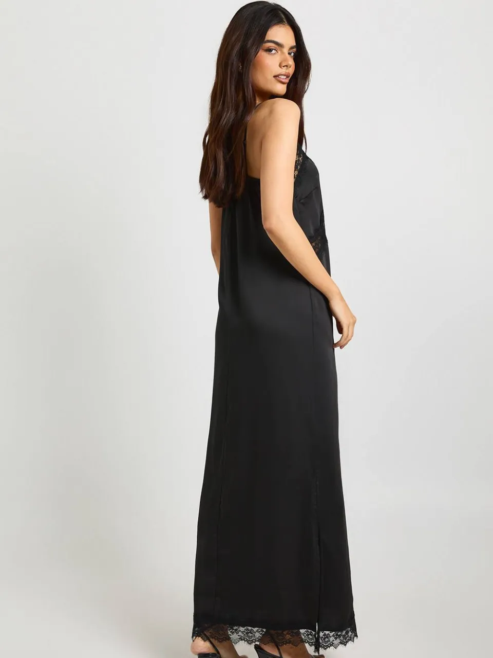 boohoo Dames Satijn Kant Mix Kolom Maxi Jurk zwart, foto 2