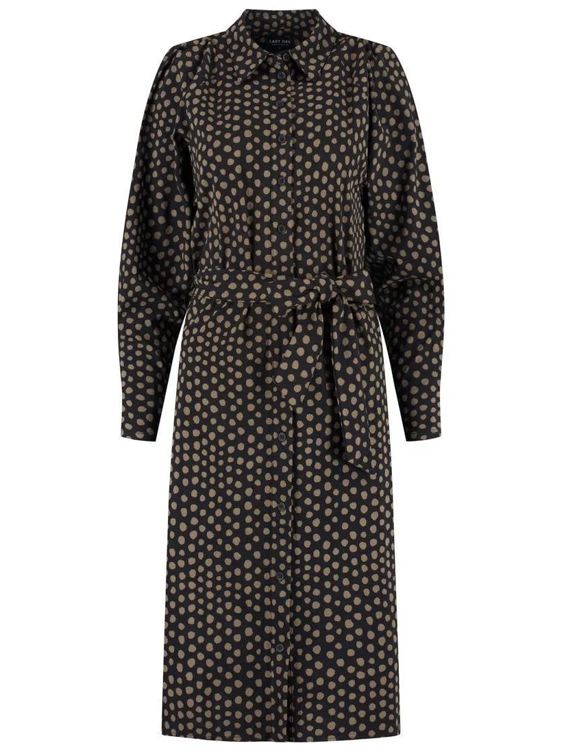 Lady Day travelstof midi blousejurk met ceintuur en stippen - zwart/bruin, foto 2