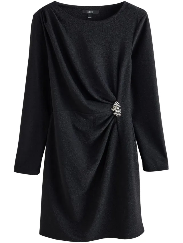 Next Dames - Mini-jurk met lange mouwen en ruches opzij en metalen details - Zwart Black