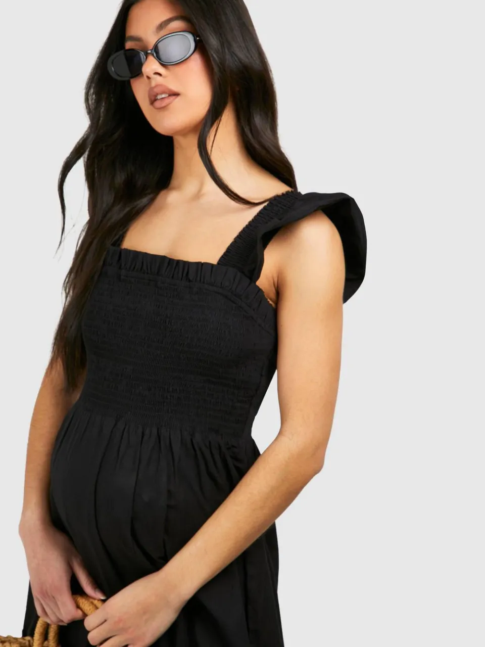 boohoo Dames Maternity Frill Sleeve Midaxi Dress zwart, foto 4