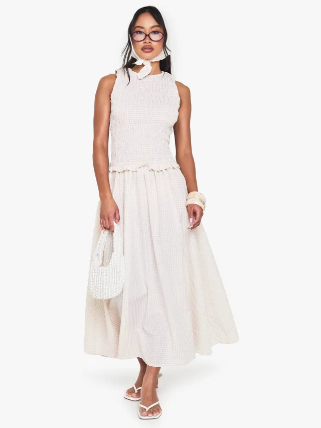 boohoo Dames Gingham met gerimpelde details, drop waist midaxi-jurk Steen