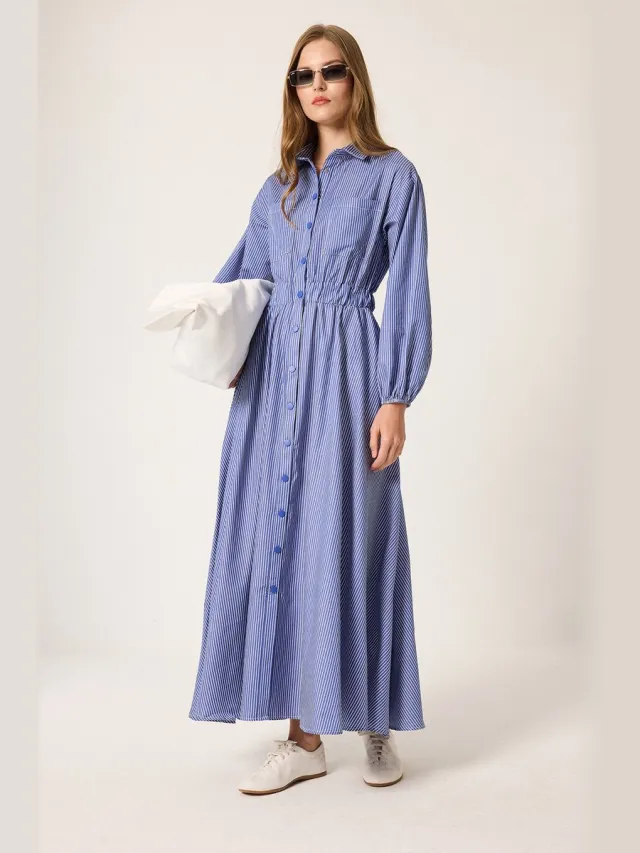 TOUCHÉ PRIVÉ Gestreepte blousejurk met elastische tailleband - Blauw - Dames