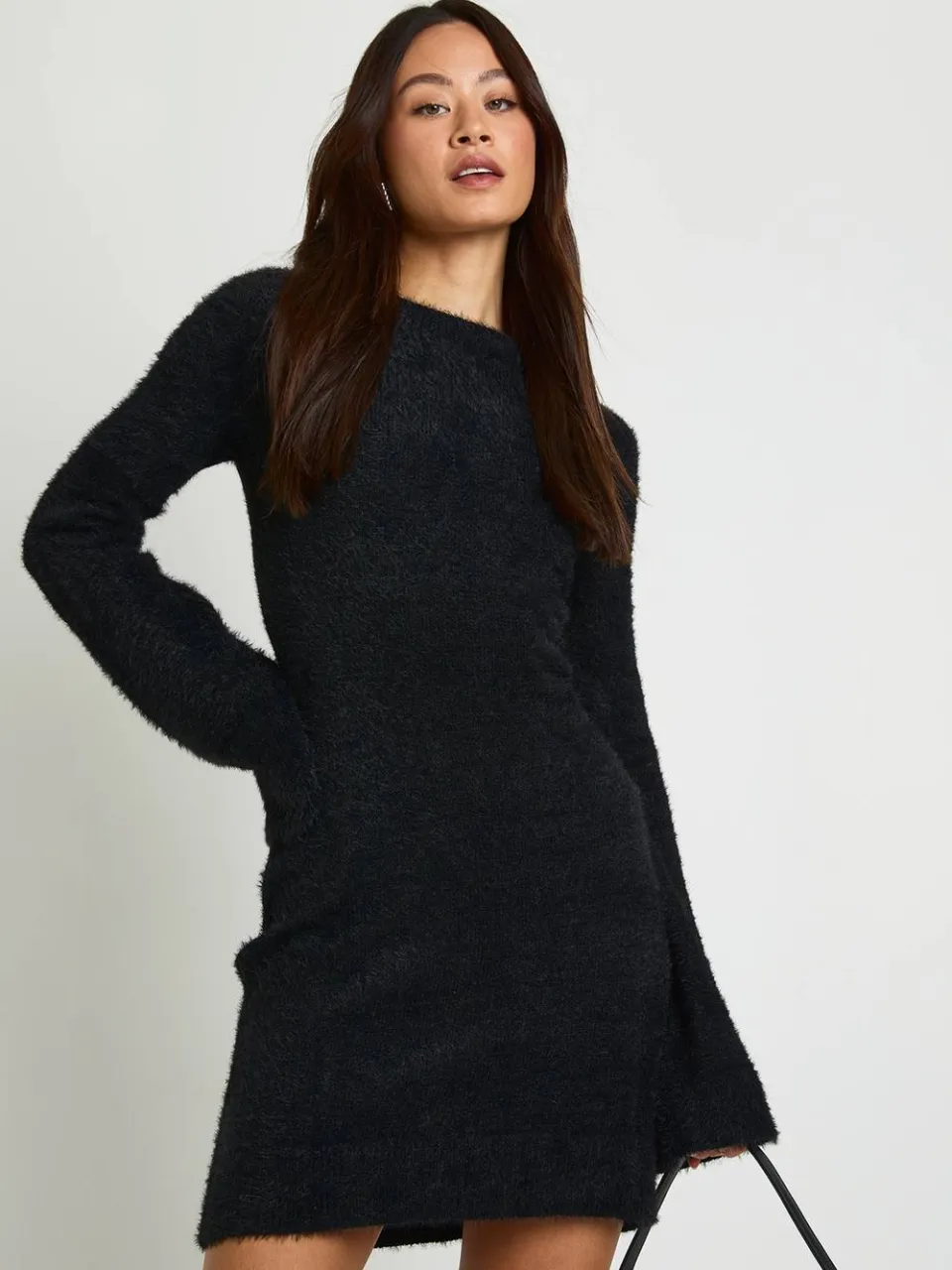boohoo Dames Grote strik rugdetail superzachte gebreide mini-jurk zwart