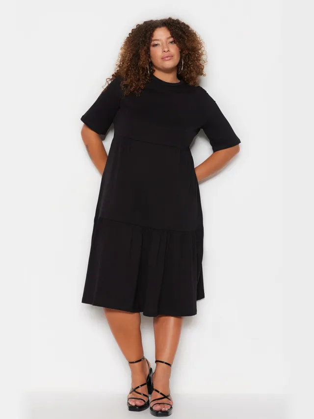 Trendyol Curve Dames Zwart Effen Midi Kort Casual A-lijn Grote maten Jurk