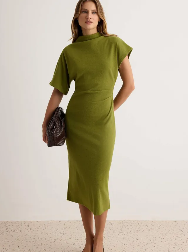 Trendyol TRENDYOLMİLLA Dames Groen Effen Midi Kort Bodycon Jurken, foto 2