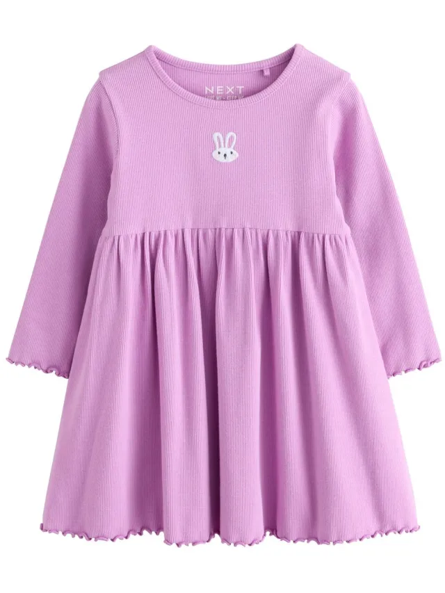 Next Meisjes - Geribbelde jurk met lange mouwen - Paars Lilac Bunny Embroidery
