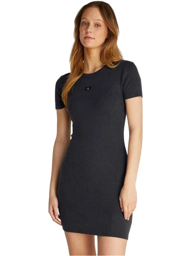 Calvin Klein Dames: geribbelde skinny mini-jurk met logo (Gewassen Zwart)