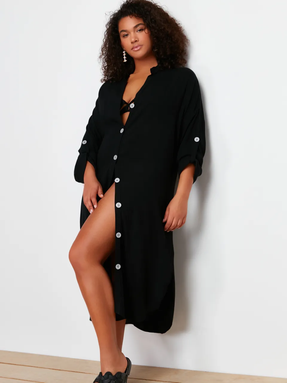 Trendyol Curve Dames Zwart Effen Midi Lang Strandkleding Blousejurk Grote maten Jurk, foto 2