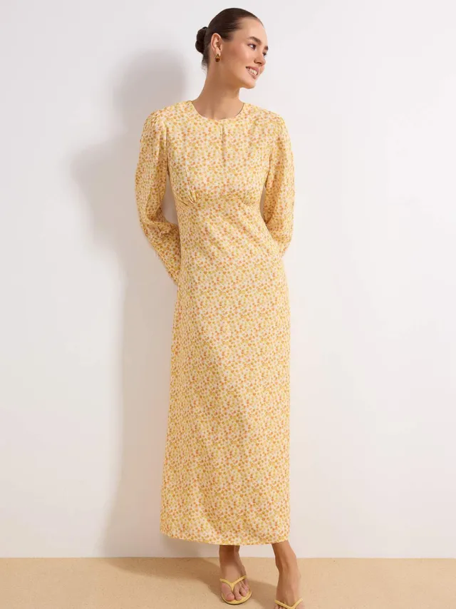 Turkishsouq Lange maxi-jurk met bloemenprint voor dames, casual/dagelijks, A-lijn model, geschikt voor hijab. Geel