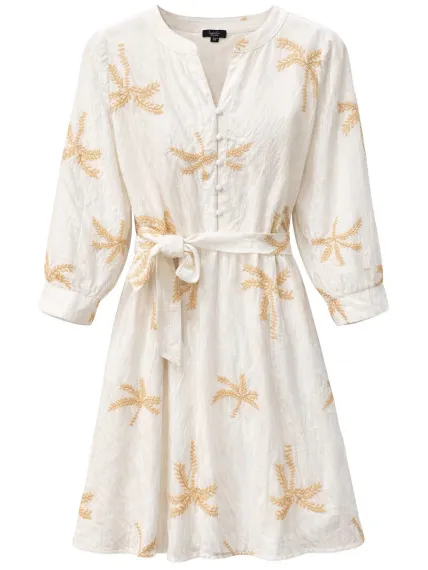 Smashed Lemon Crème jurk met goudkleurige palmprint en ceintuur, foto 2