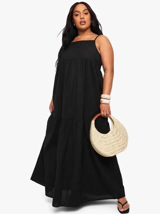 boohoo Dames Plus maxi-jurk met gelaagde linnenlook en bandjes Zwart