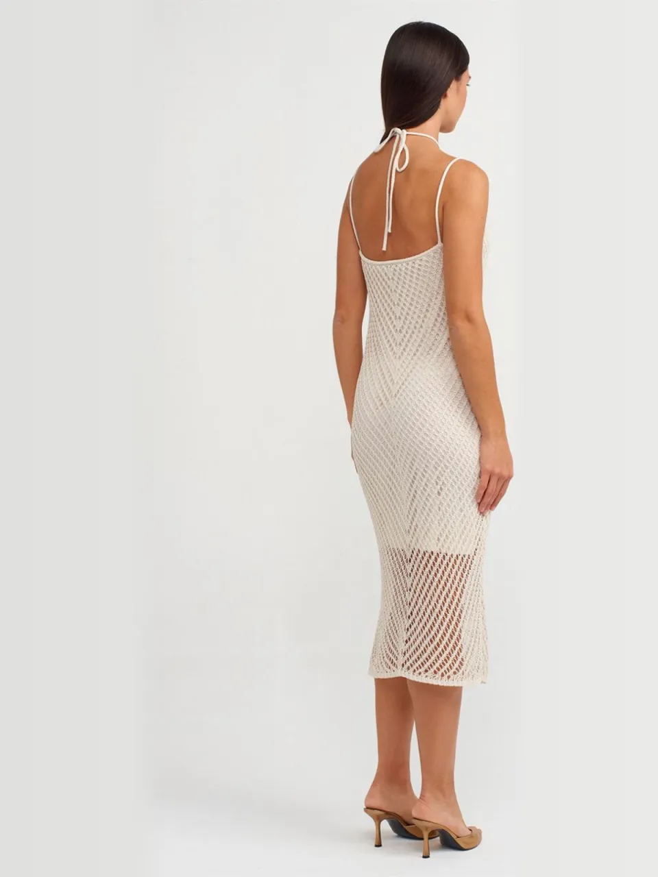 Dilvin Gestructuurd Halter Midi-jurk met Uitsnijding crème, foto 2