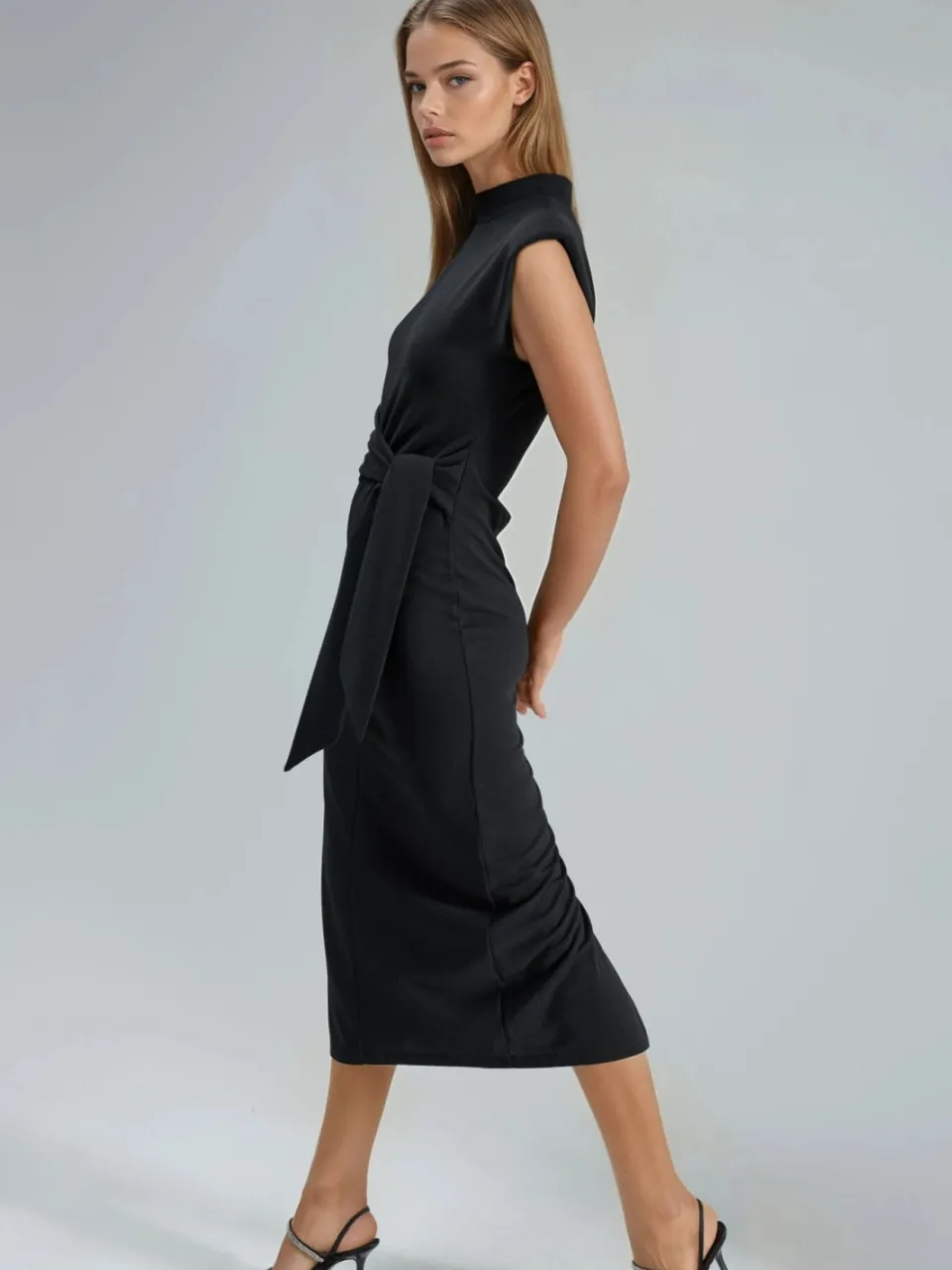 Busem Kraage-detail Midi-jurk met Strik zwart, foto 2