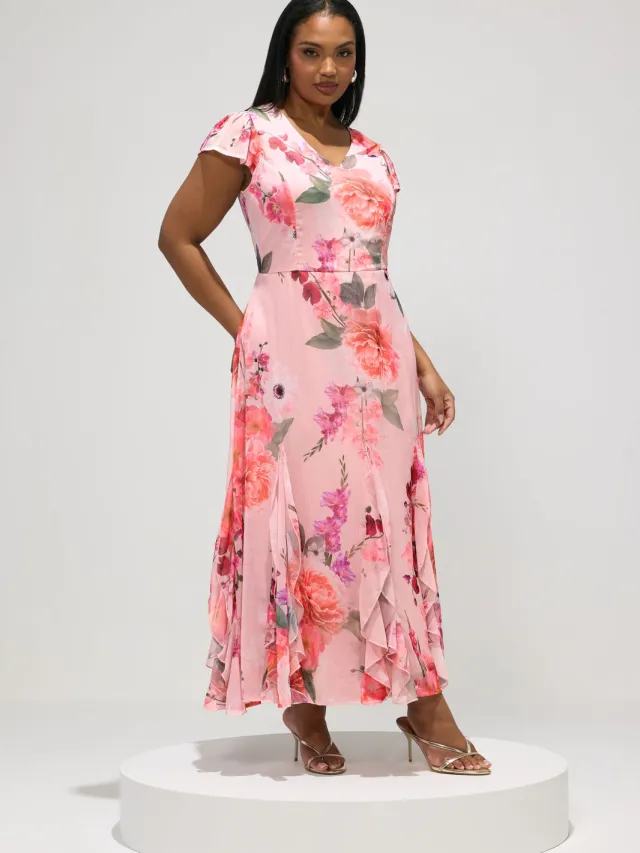 Yours London Roze Maxijurk Met Bloemenprint, Ruches En Wijd Uitlopende Zoom Pink