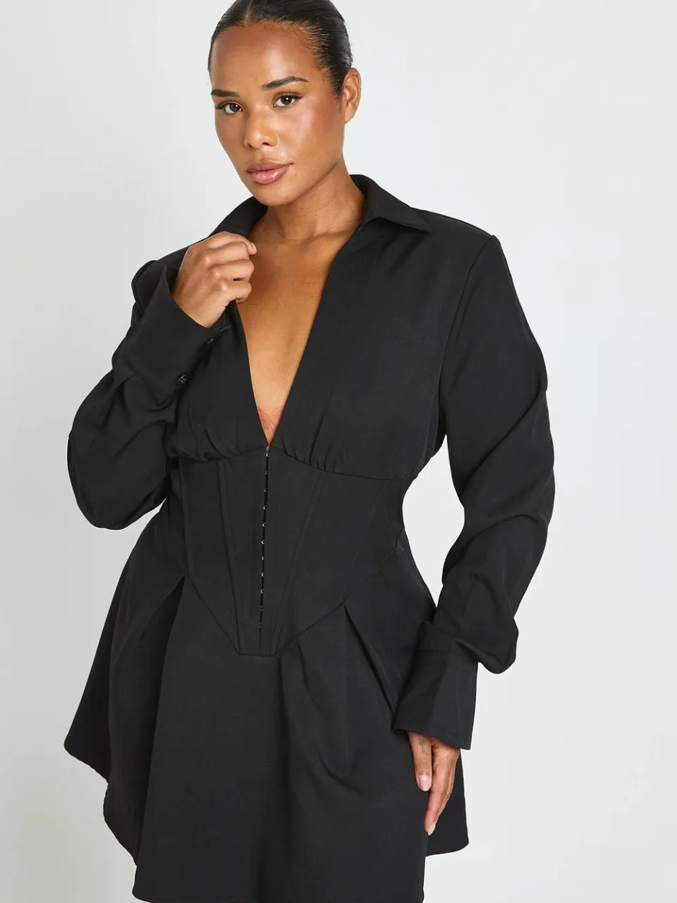 boohoo Dames Plus Gestructureerde Korset Haak-en-oog Skater Jurk zwart, foto 2