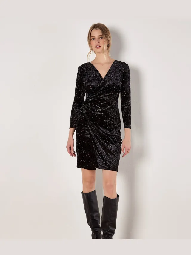 Apricot Mini-wikkeljurk van fluweel met strass Zwart