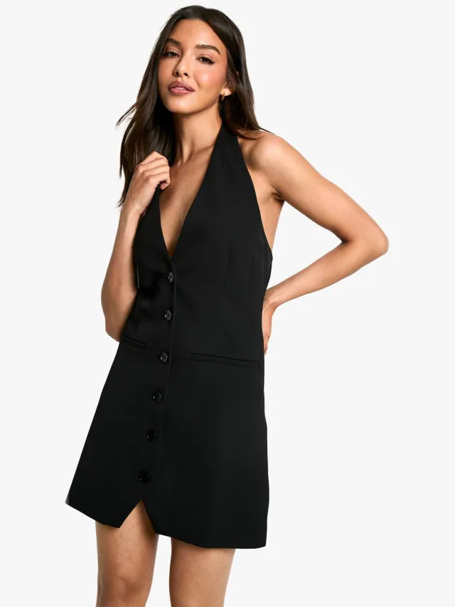 boohoo Dames Geweven Halternek Minidress met Knoopsluiting Zwart