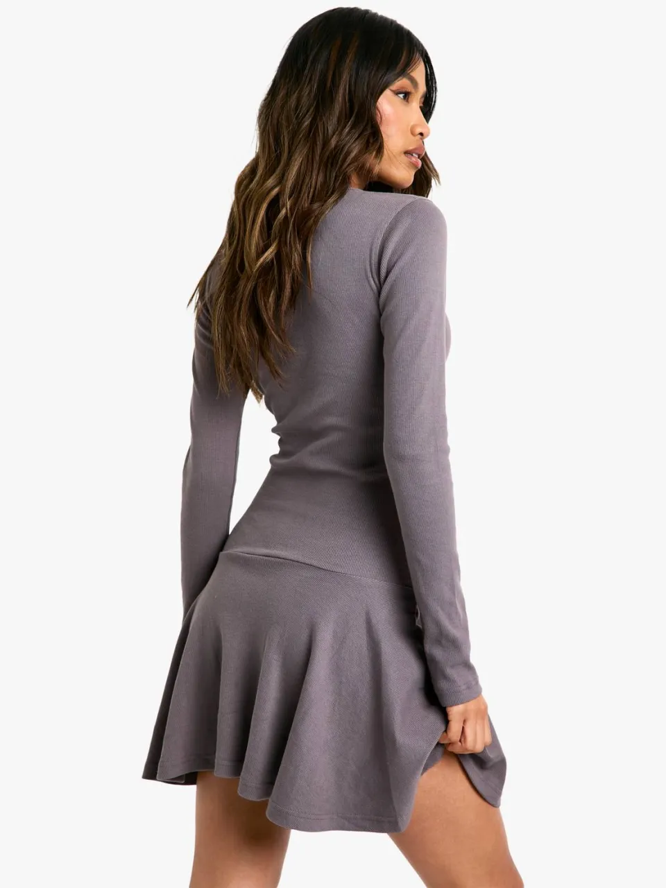 boohoo Dames Rib Dropped Hem Skater Dress grijs, foto 2